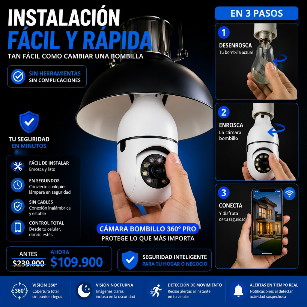 Combo de 2 Cámaras Bombillo de Seguridad 360°-PROTEGE TU CASA 24/7 SIN INSTALACIONES COMPLICADAS