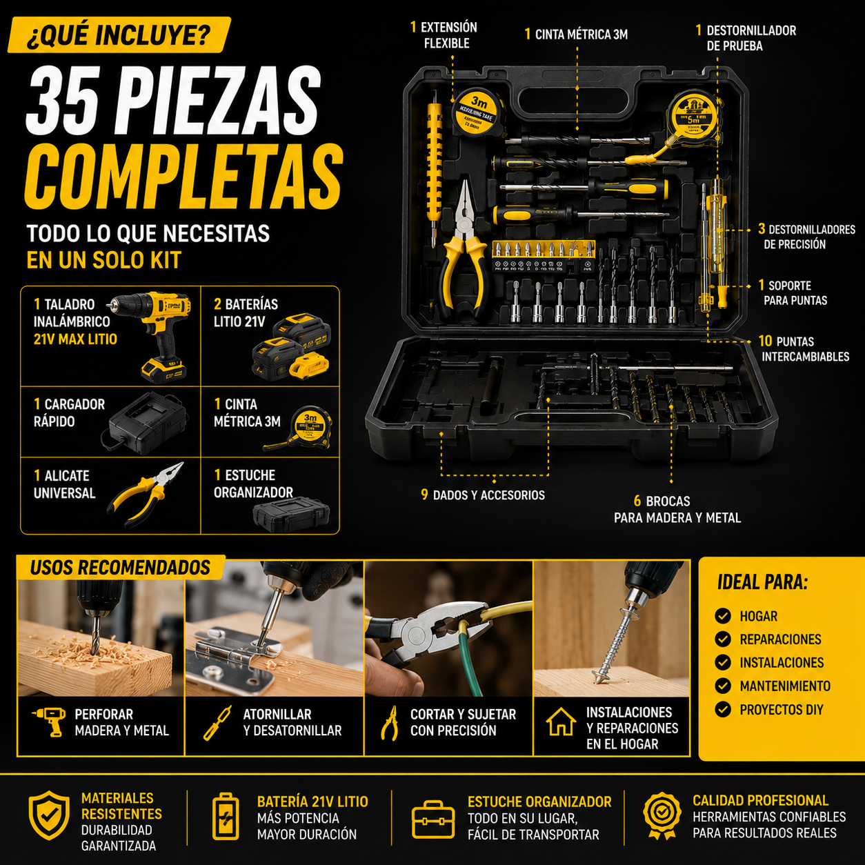 Super Kit Taladro + HERRAMIENTAS 35 PIEZAS- El Combo Profesional Que Todo Hogar Colombiano Necesita