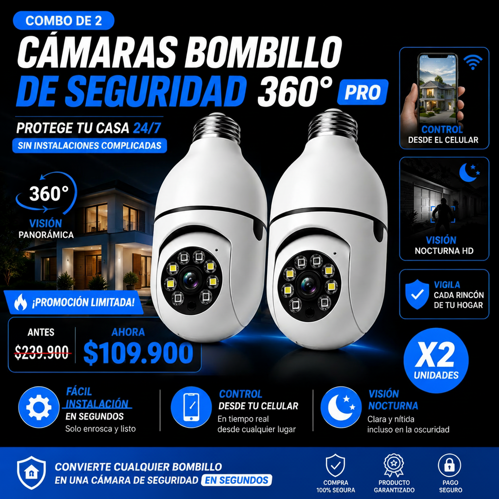 Combo de 2 Cámaras Bombillo de Seguridad 360°-PROTEGE TU CASA 24/7 SIN INSTALACIONES COMPLICADAS
