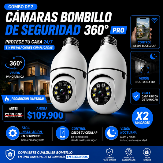 Combo de 2 Cámaras Bombillo de Seguridad 360°-PROTEGE TU CASA 24/7 SIN INSTALACIONES COMPLICADAS