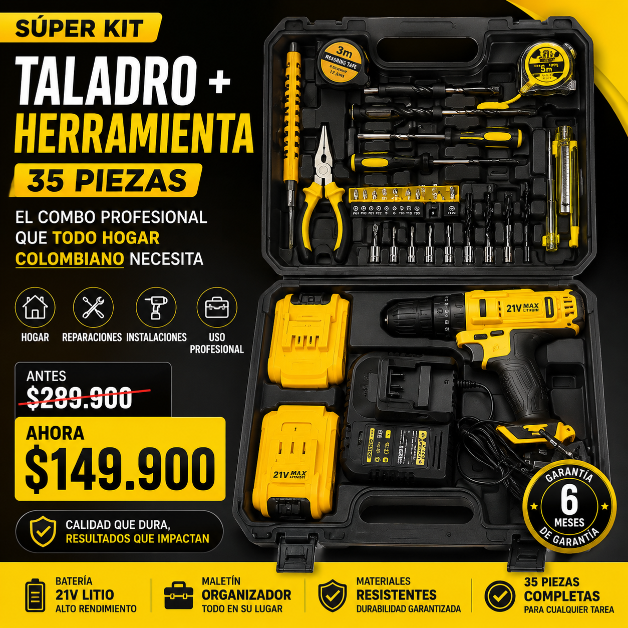 Super Kit Taladro +  HERRAMIENTAS 35 PIEZAS- El Combo Profesional Que Todo Hogar Colombiano Necesita