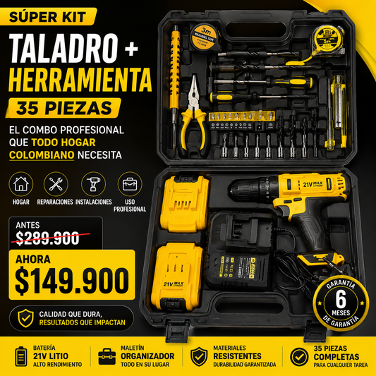 Super Kit Taladro +  HERRAMIENTAS 35 PIEZAS- El Combo Profesional Que Todo Hogar Colombiano Necesita