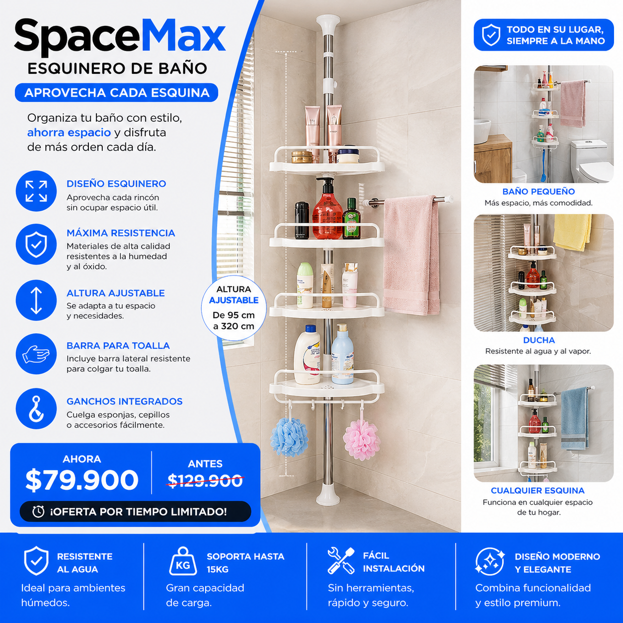 SpaceMax Esquinero de  Baño- Aprovecha cada esquina con estilo premium y máxima resistencia