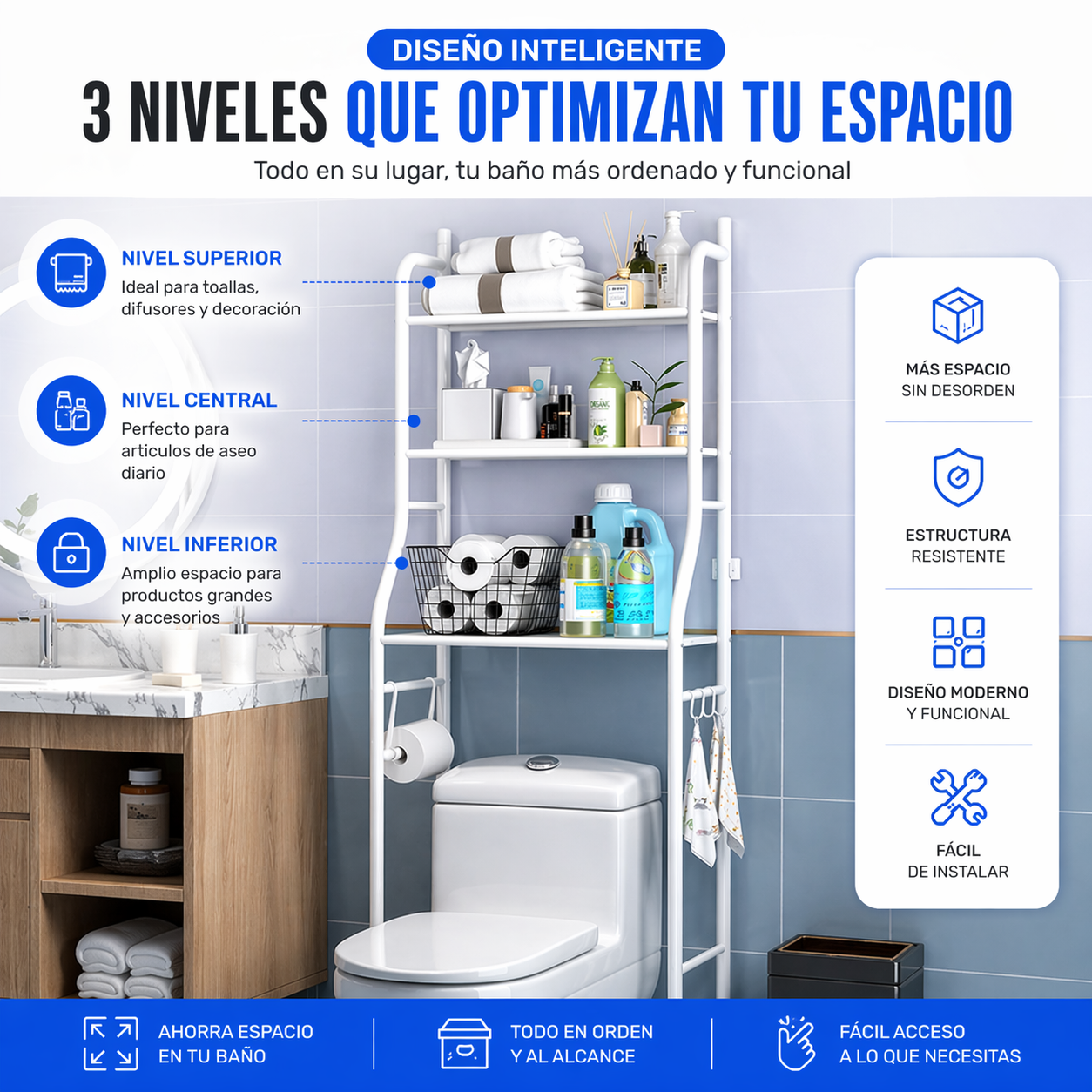 UltraRack Organizador Vertical de Baño- Aprovecha cada espacio con este organizador inteligente de 3 niveles