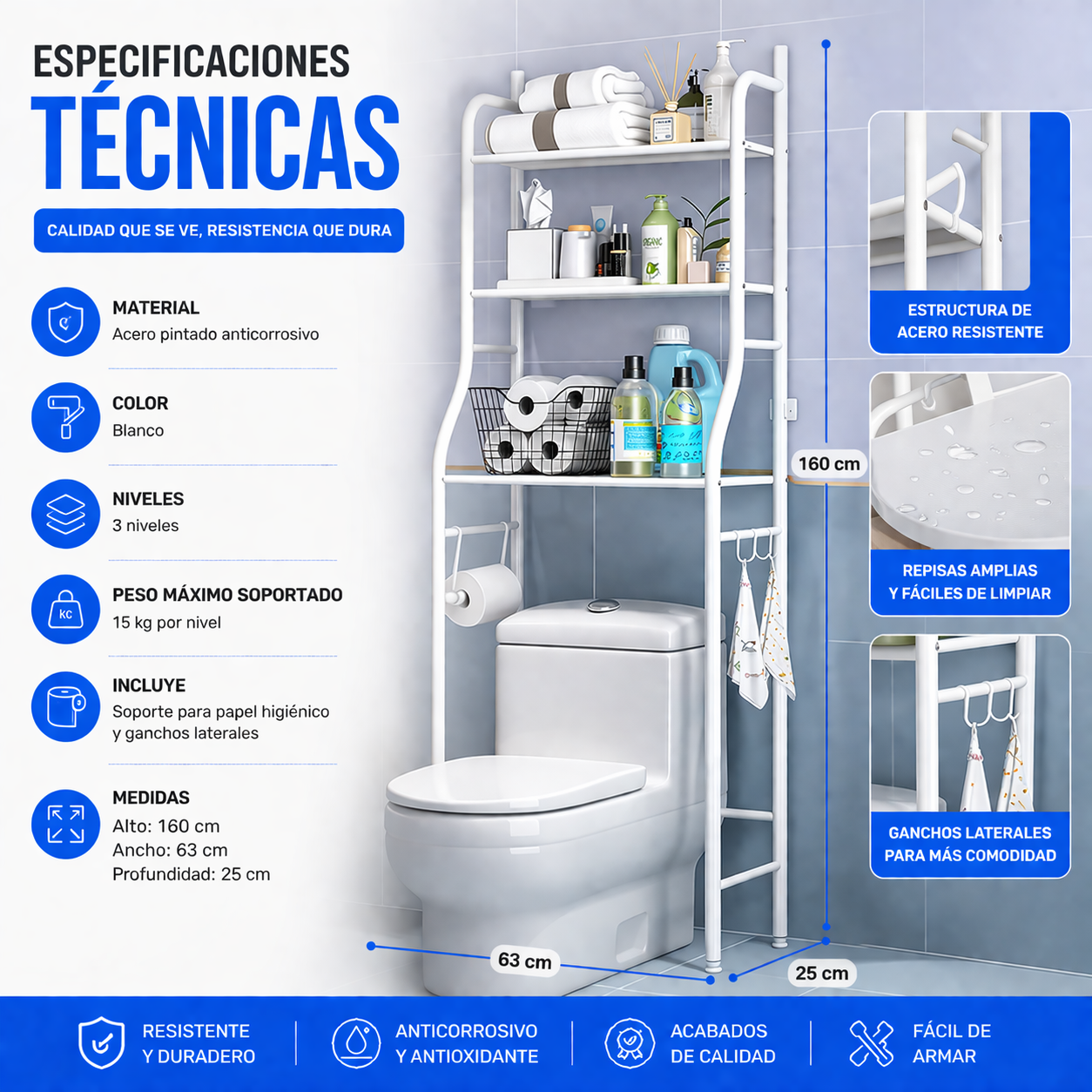UltraRack Organizador Vertical de Baño- Aprovecha cada espacio con este organizador inteligente de 3 niveles