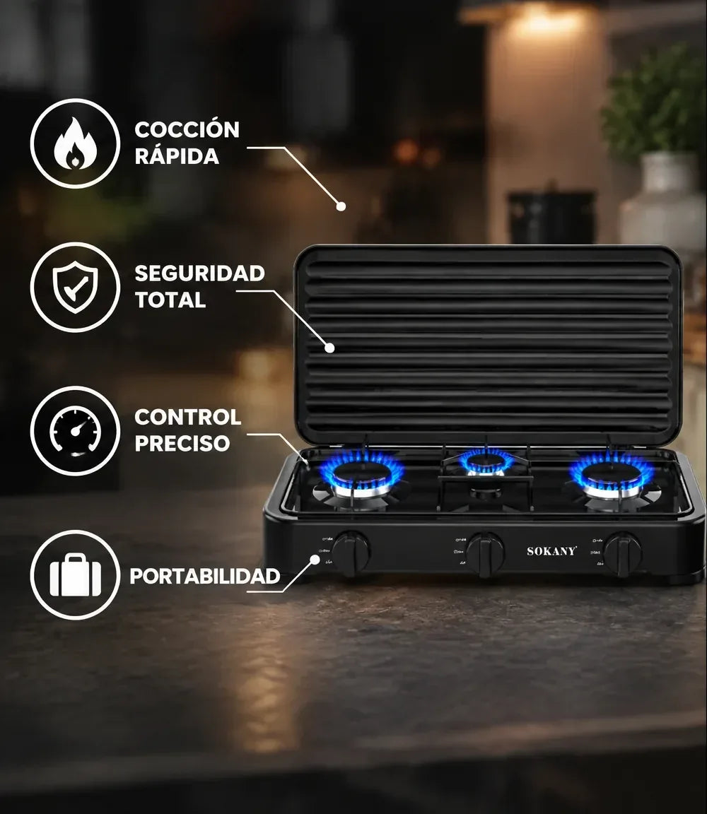 Estufa de Gas Sokany ® Portátil 3 Puestos
